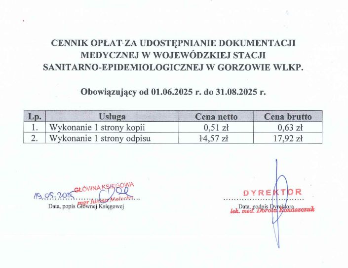 cennik dokumentacji medycznej za 1 stronę : odpis 17.92 zł kopia 0.63 zł
